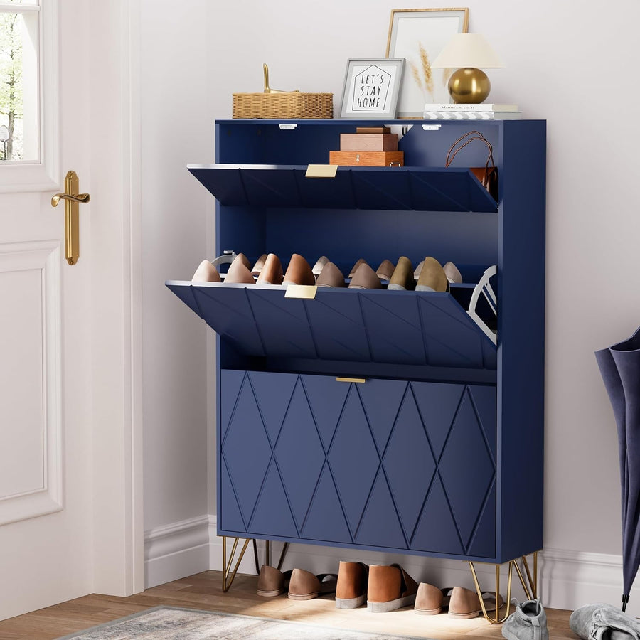 Navy Blue Tilting Shoe Cabinet 3 Compartments Hidden Shelf Storage 80x24x120cm