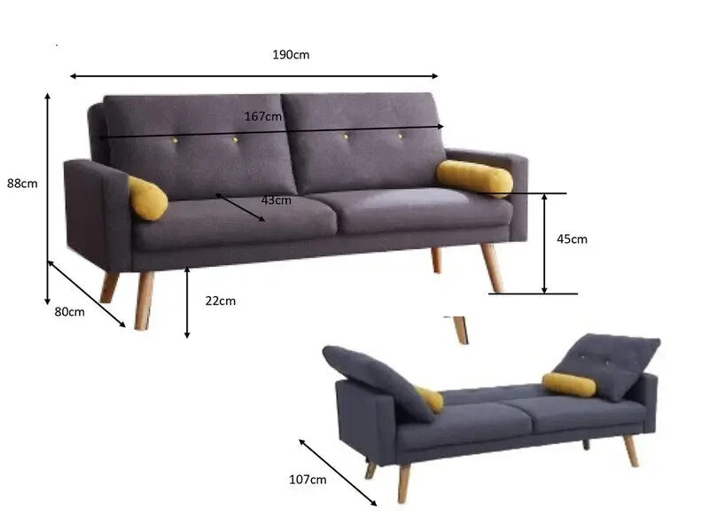 3 Seater Fabric Sofa Bed Charcoal | Clic Clac Guest Sleeper with Bolsters