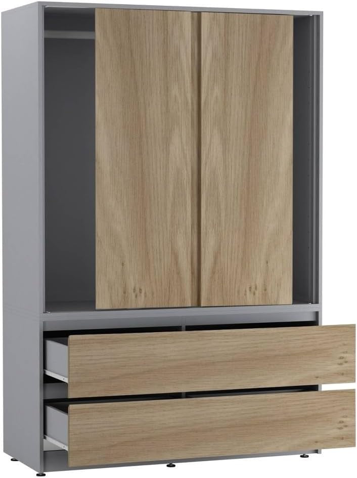Oak Sliding Door Wardrobe with 4 Drawers & Hanging Rail – Space Saver