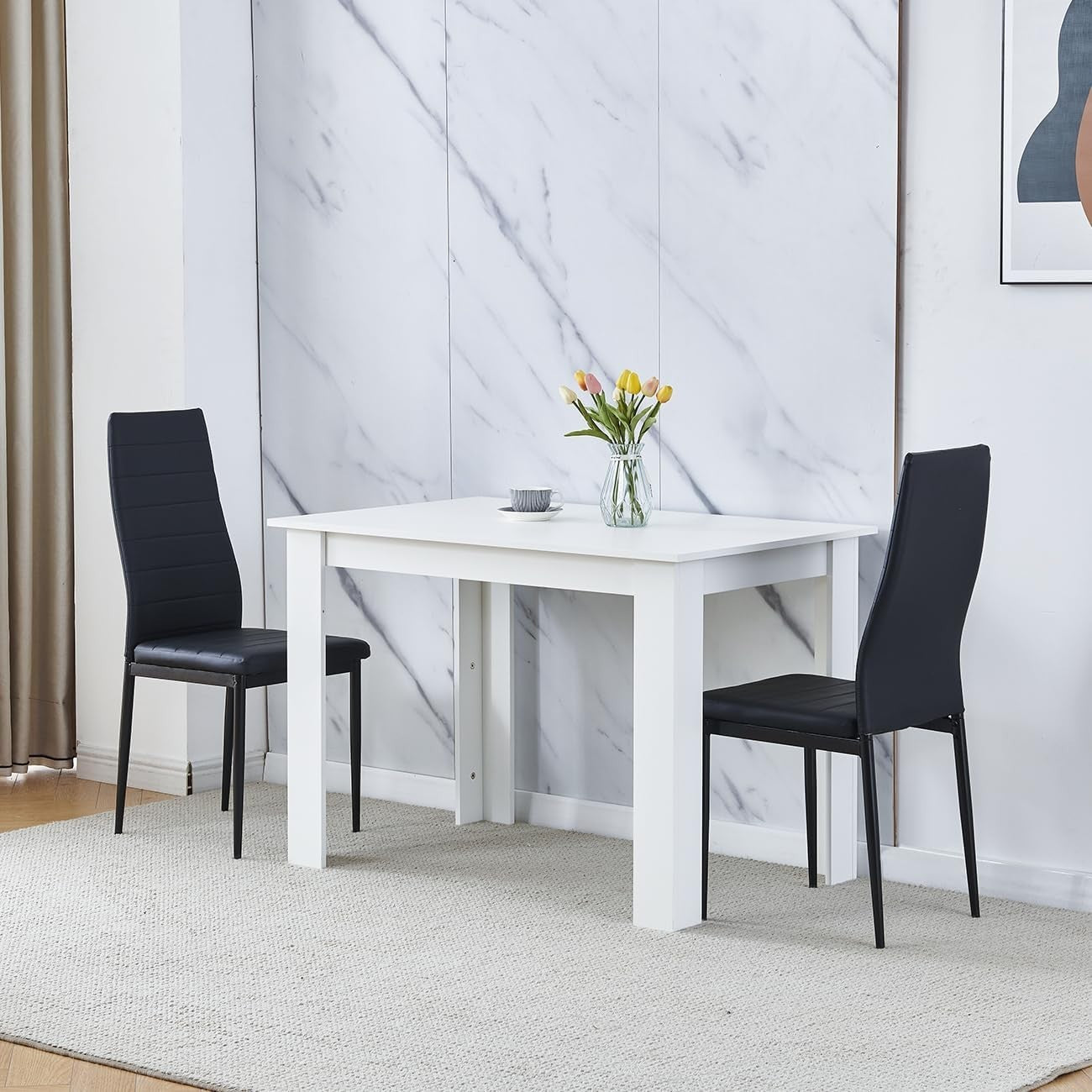 Modern White Dining Table Set 2 Leather Chairs Kitchen Room 110cm