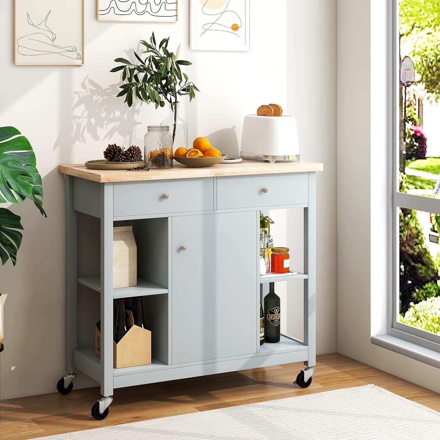 Kitchen Island on Wheels Storage Trolley Wooden Top Drawers Lockable