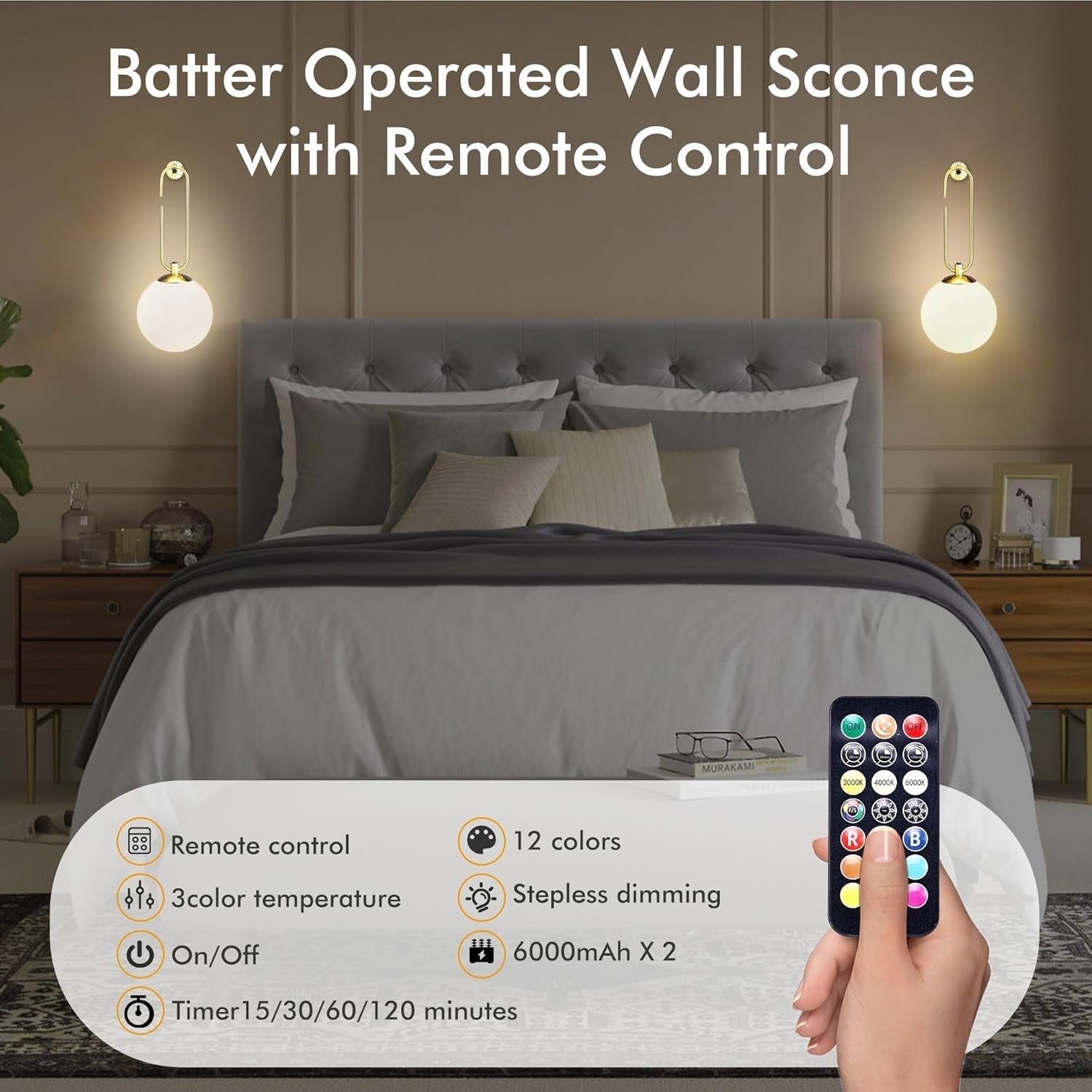 Rechargeable 180mm Battery Glass Wall Lights, Dimmable RGB, Remote Control