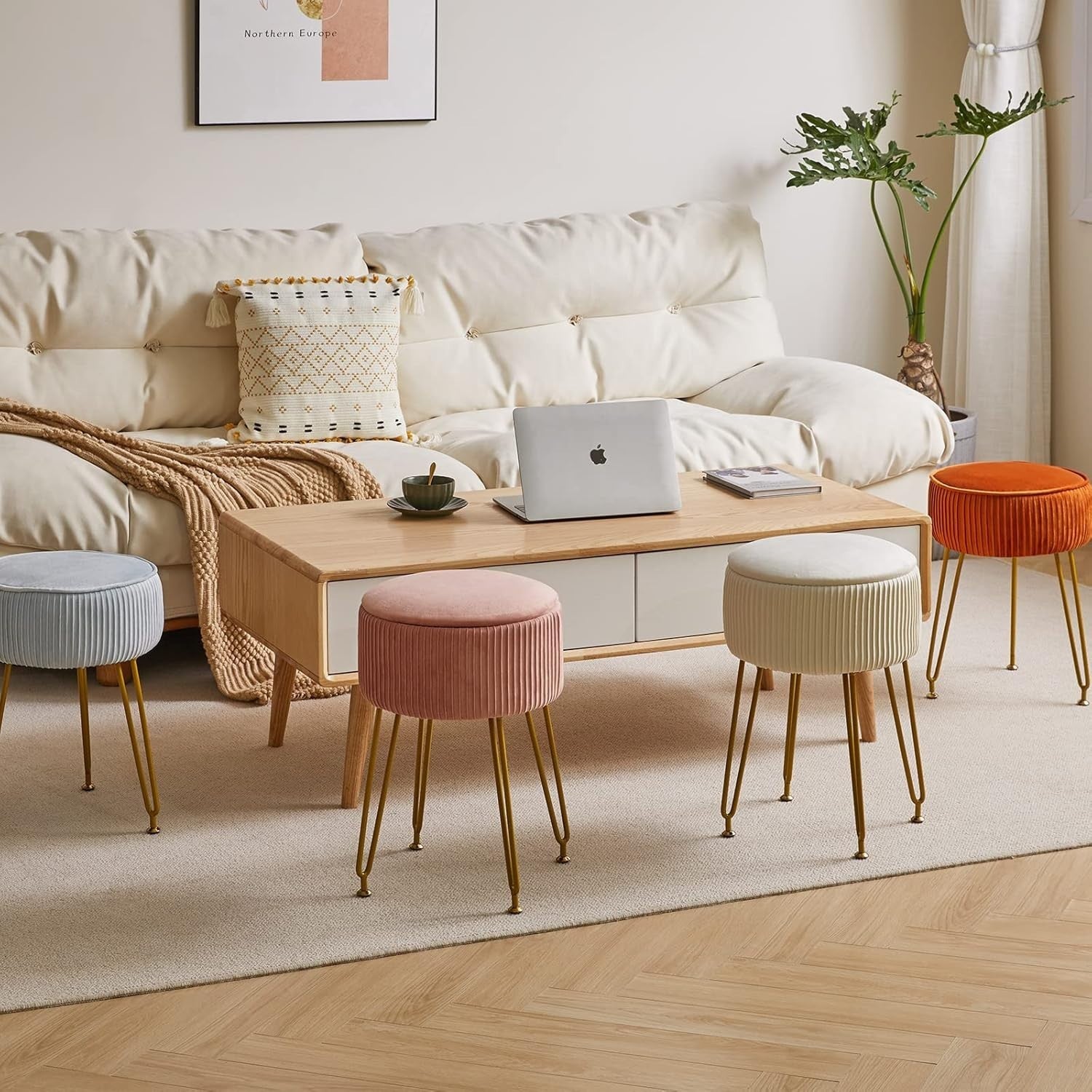 Velvet Round Storage Footrest Stool with Gold Legs – Creamy White Ottoman