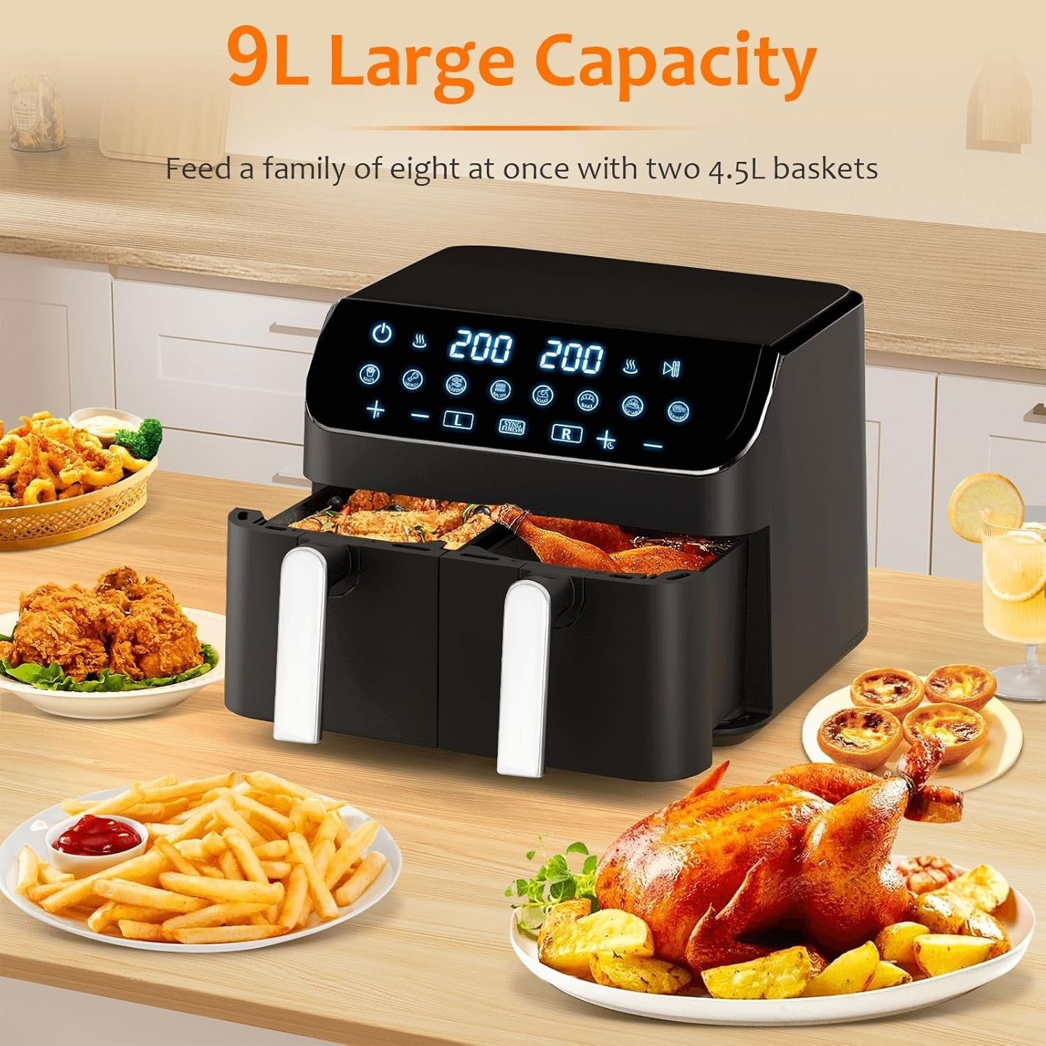 9L Dual Air Fryer 2x4.5L Sync Finish 8 Presets Touch 720° Air Oil Free