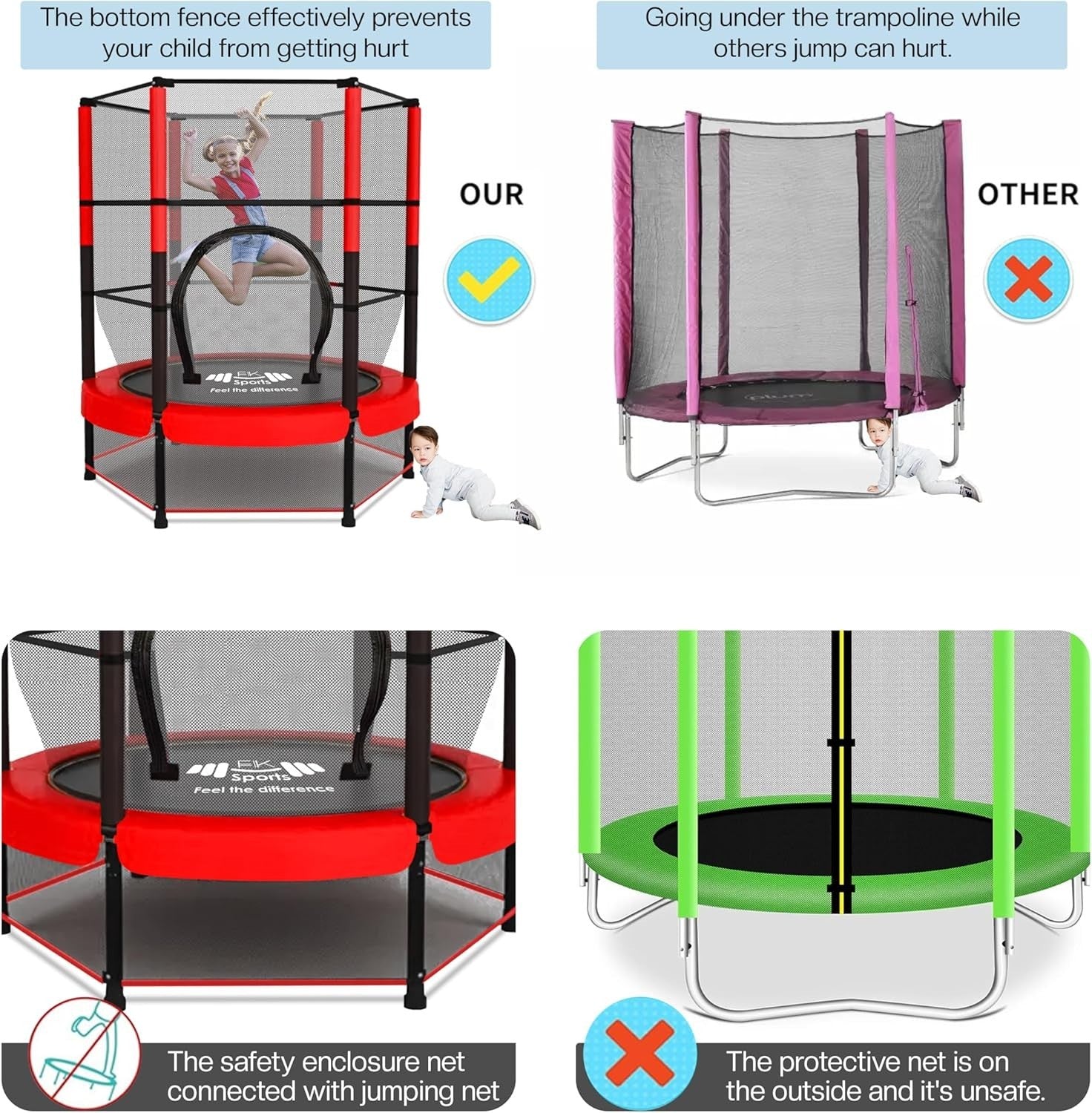 55” Kids Trampoline w Safety Enclosure Indoor Outdoor Bungee Ages 1–11