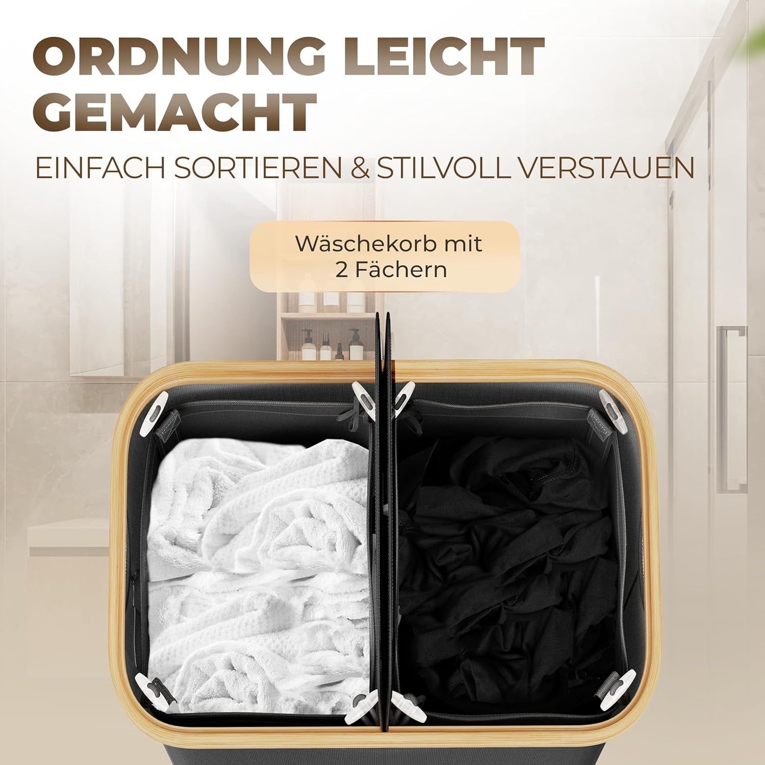 150L Foldable Laundry Hamper With Lid Large Bamboo Dark Grey Basket 2 Sections