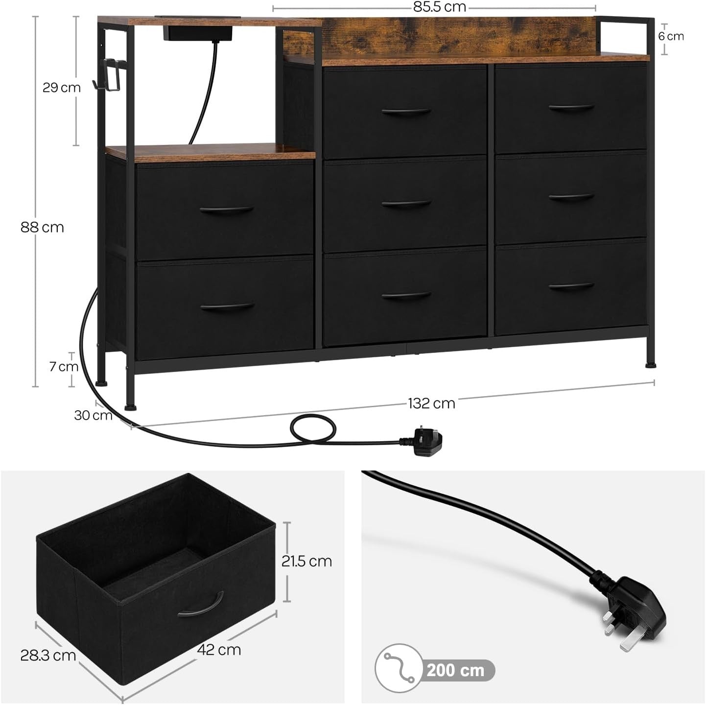 8 Drawer Fabric Chest with USB Ports Power Strip Rustic Black Storage Unit