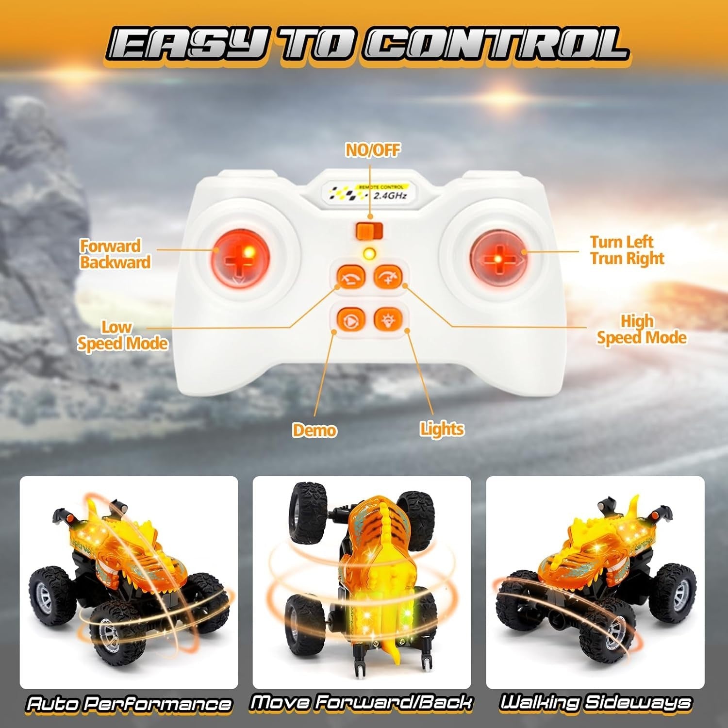 RC Car with LED Eyes – 2.4GHz Rechargeable Stunt Toy for Kids 6–12 (Orange)