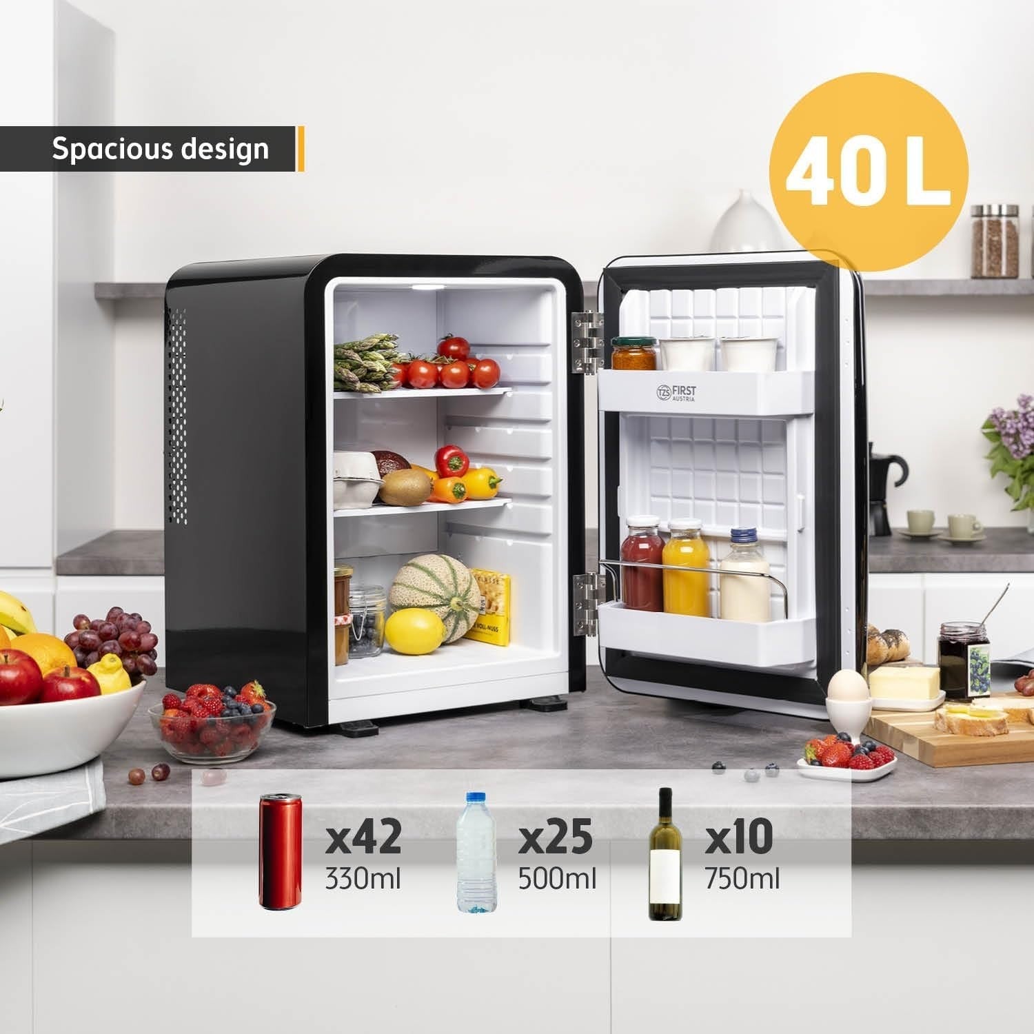 40L Retro Mini Fridge Silent Frost-Free LED Interior Freestanding Black