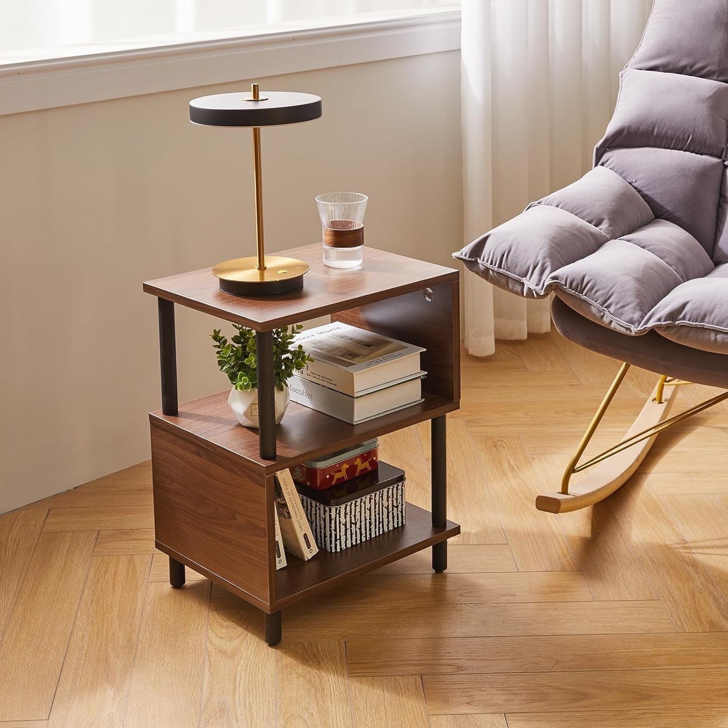 Modern S-Shaped 3-Tier Wooden Side Table with Storage – Compact & Durable
