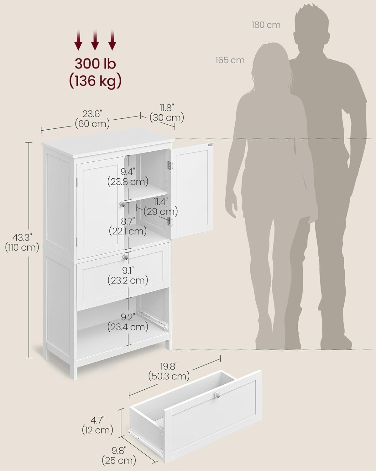 Bathroom Storage Cabinet with Drawers & Doors, Adjustable Shelf 110cm
