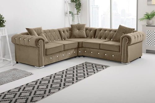 Plush Velvet Chesterfield Corner Sofa – Mink Foam Cushions & Diamond Detail