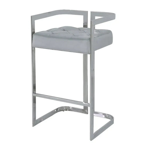 Grey Velvet Bar Stool with Backrest Chrome Stainless Steel Frame Modern