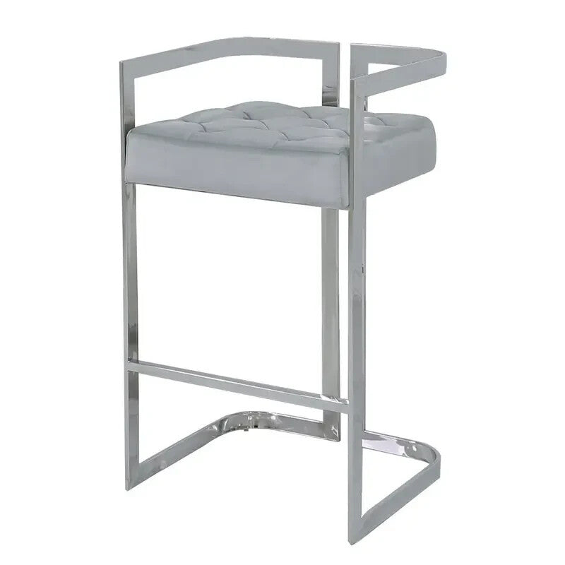 Grey Velvet Bar Stool with Backrest Chrome Stainless Steel Frame Modern