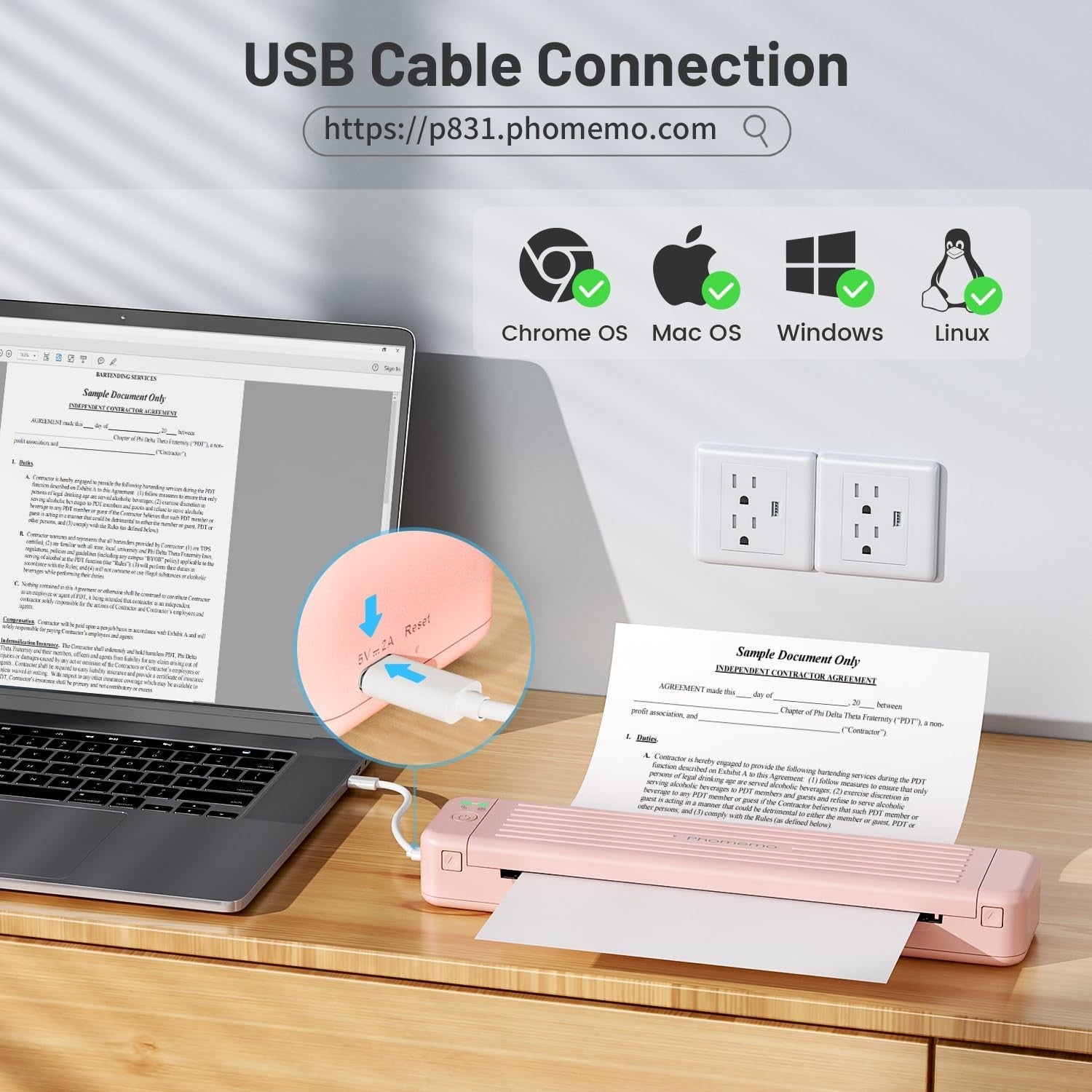 A4 Portable Thermal Printer 300DPI Bluetooth Inkless Pink