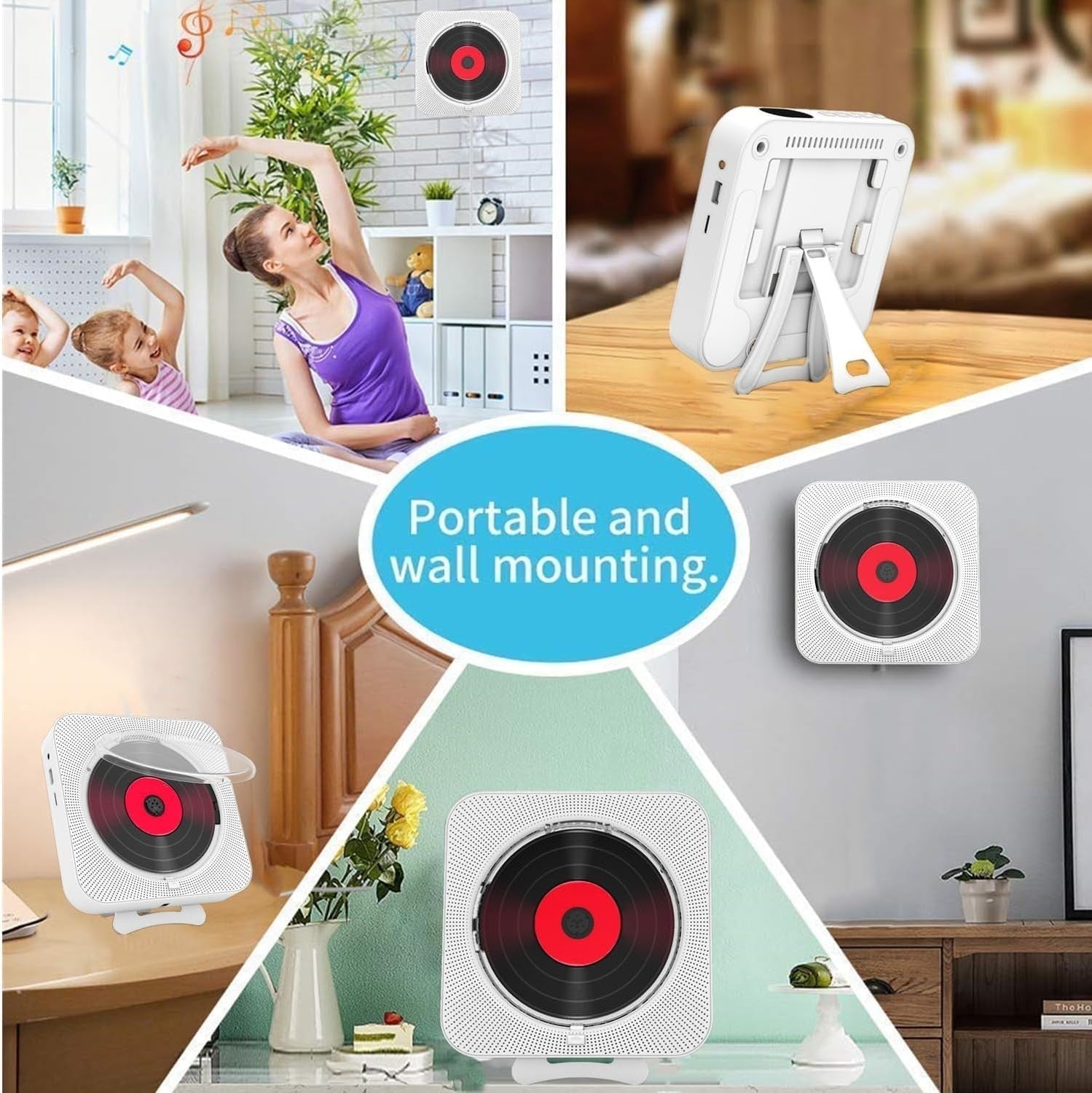 Portable Bluetooth CD Player Wall Mount HiFi Speakers FM USB TF Remote