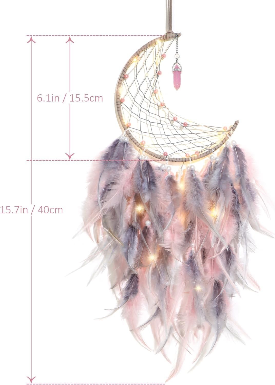 Boho Moon Dream Catcher Pink Grey Feathers Fairy Lights Wall Decor