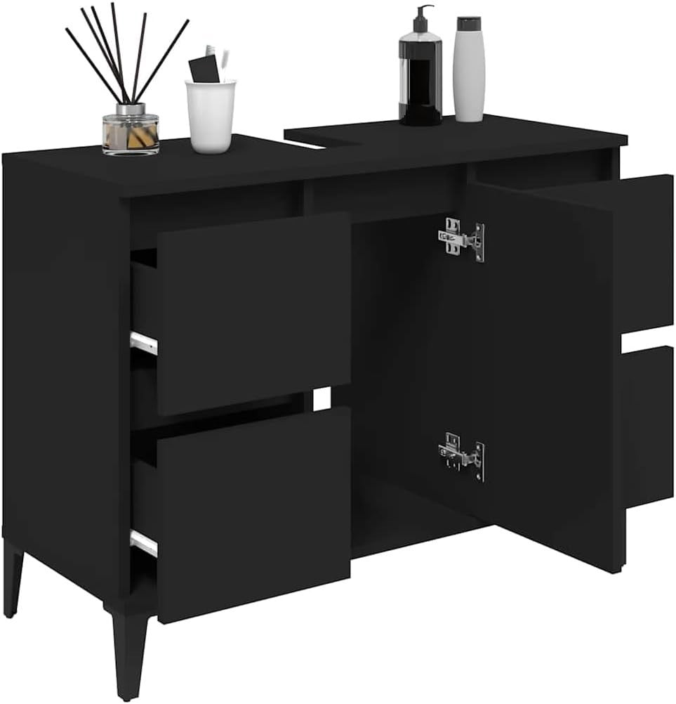 Black Under Sink Bathroom Cabinet 4 Drawer Vanity Unit Modern 80x60cm MDF