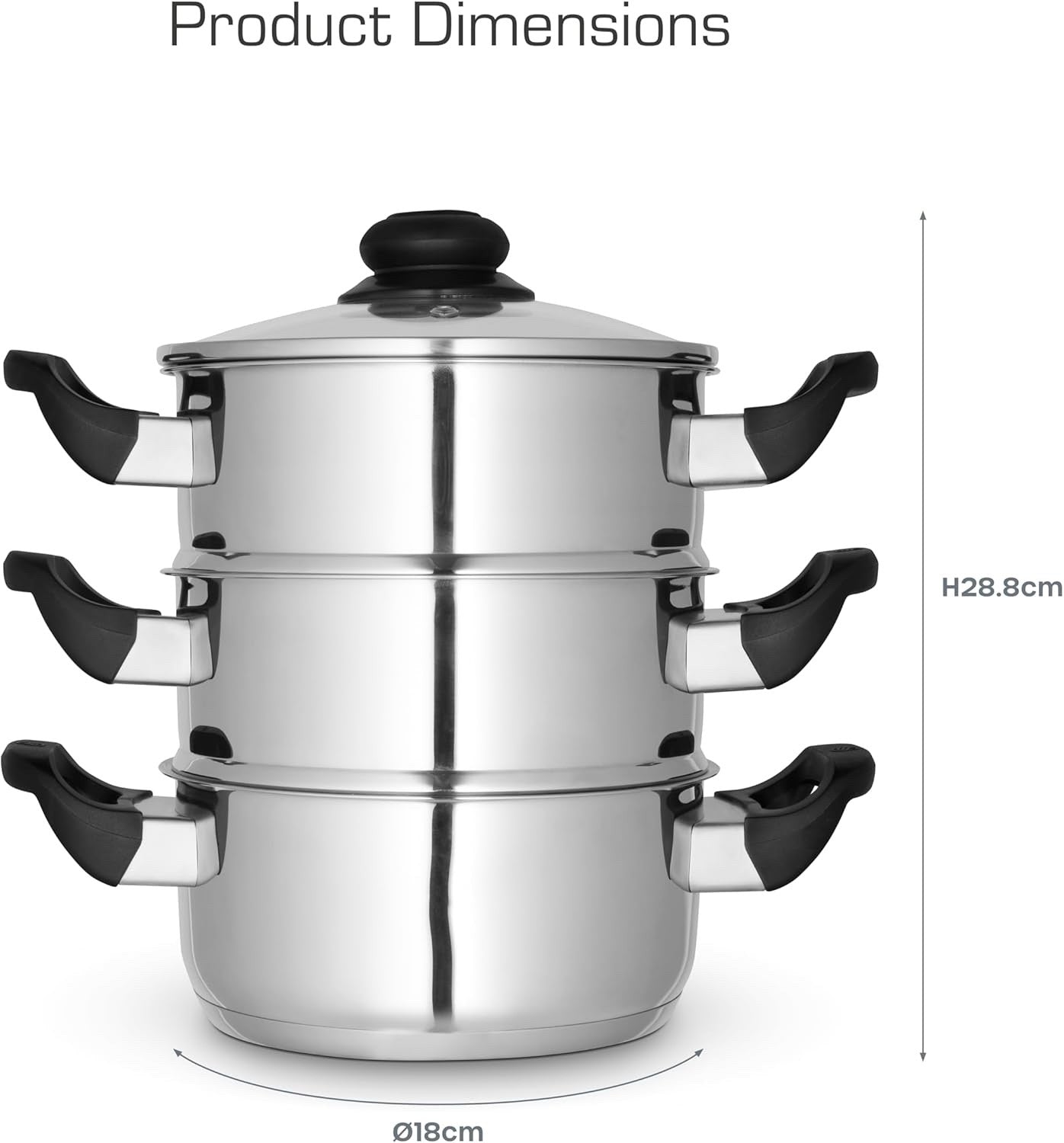 3Tier Stainless Steel Steamer Pot with Glass Lid 18 cm Induction Dishwasher Safe
