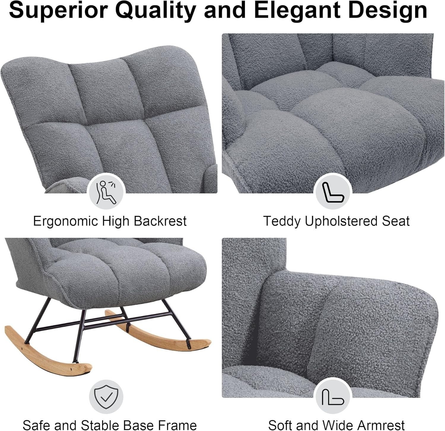 Rocking Chair Nursery Glider Comfy Armchair High Back Padded Seat Grey