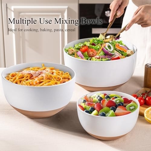 3-Piece White Ceramic Mixing Bowls Set Nesting Microwave & Dishwasher Safe