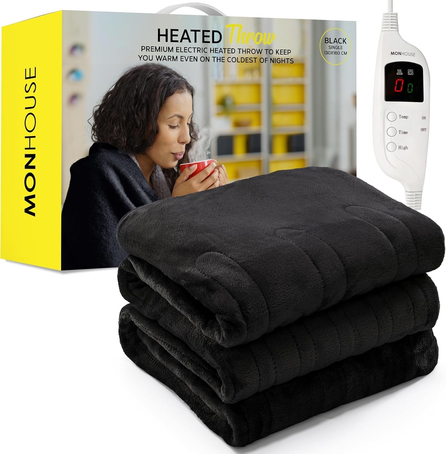 Electric Heated Throw Blanket 130x160cm Black 9 Heat Levels Timer Washable
