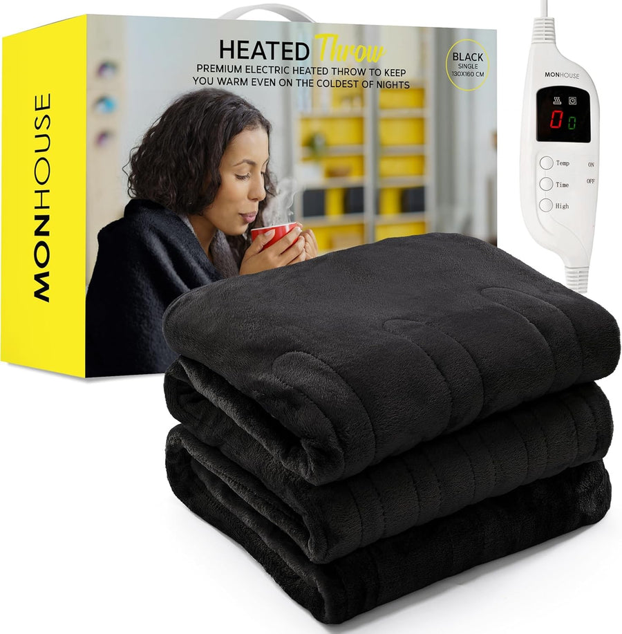 Electric Heated Throw Blanket 130x160cm Black 9 Heat Levels Timer Washable