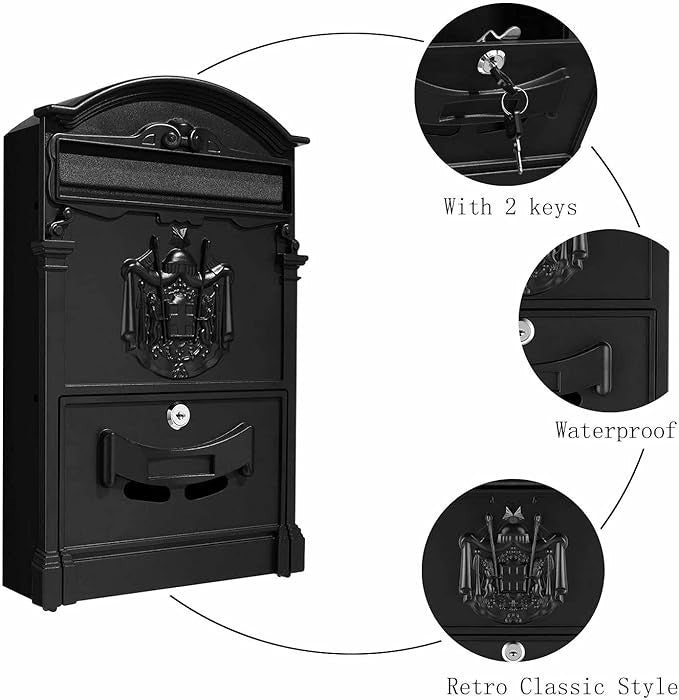 Lockable Wall Mounted Post Box Black – Waterproof Retro Mailbox for Gates