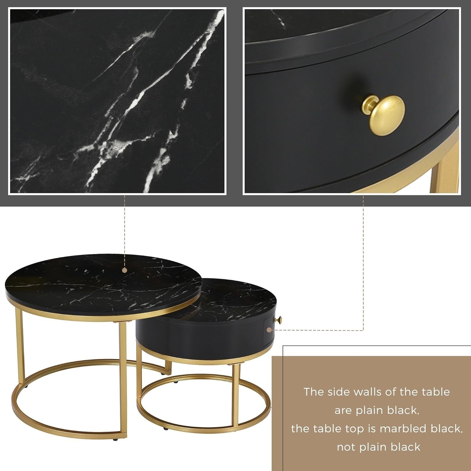 Nested Coffee Tables Set of 2 Black Drawer Round Modern End Side Living Room