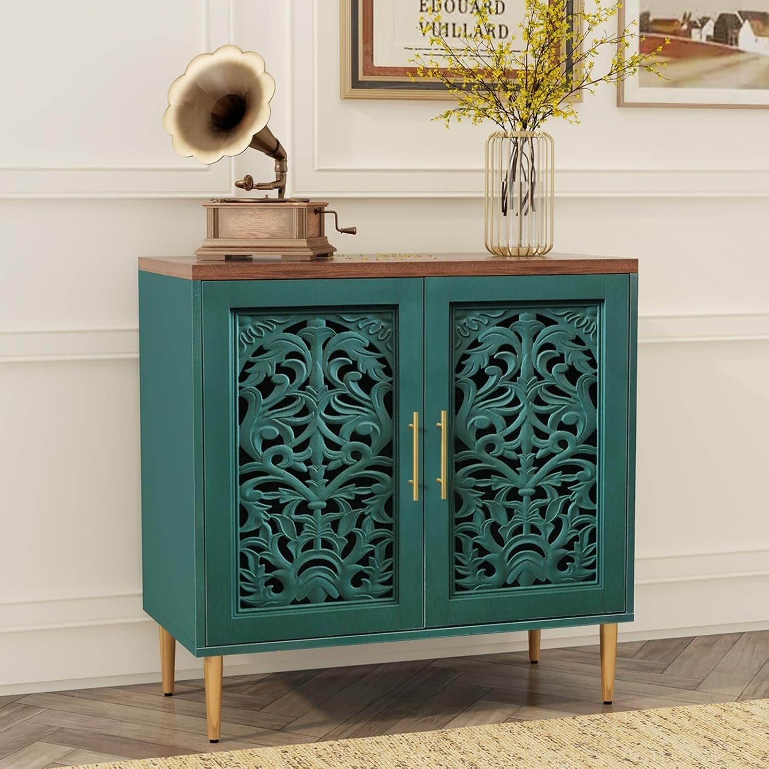 Green Vintage Sideboard Cabinet 2 Door Carved Storage Unit Hallway Accent