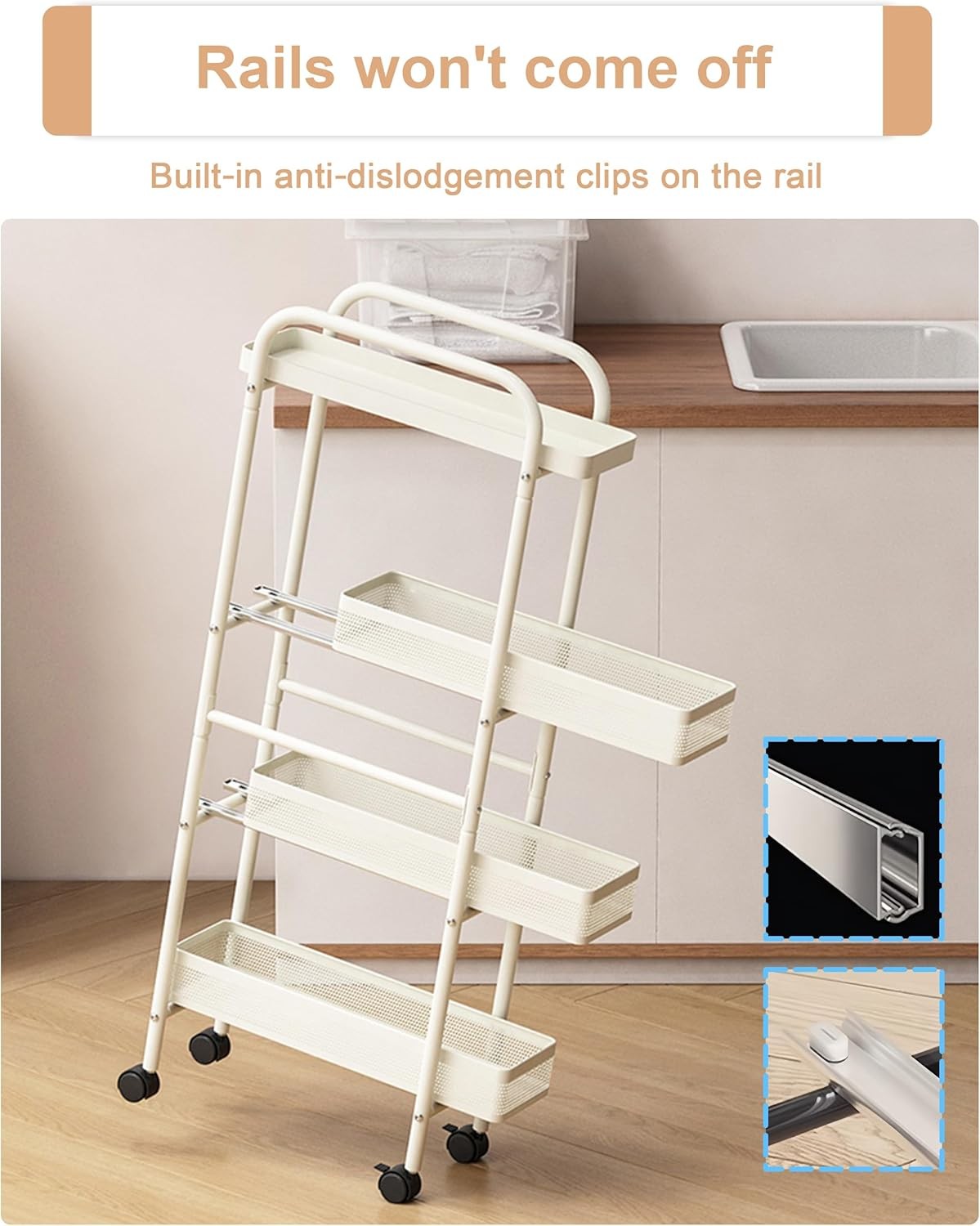 Slim Kitchen Storage Trolley 4 Tier Pull Out Drawers Narrow Cart on Wheels