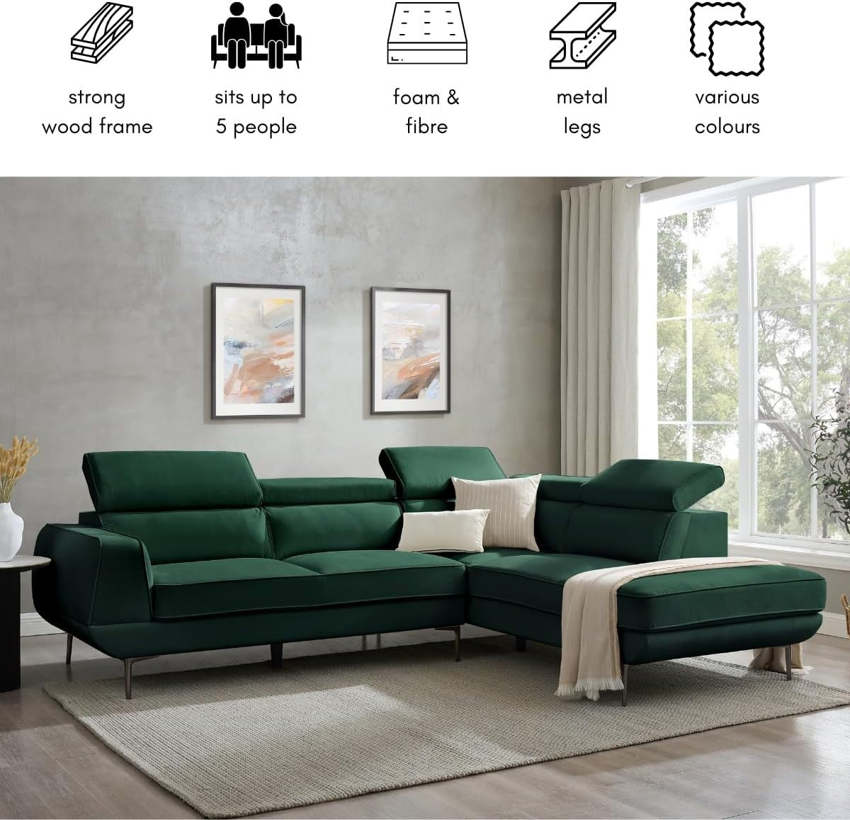 5 Seater L-Shaped Velvet Sofa with Adjustable Headrests & Metal Legs