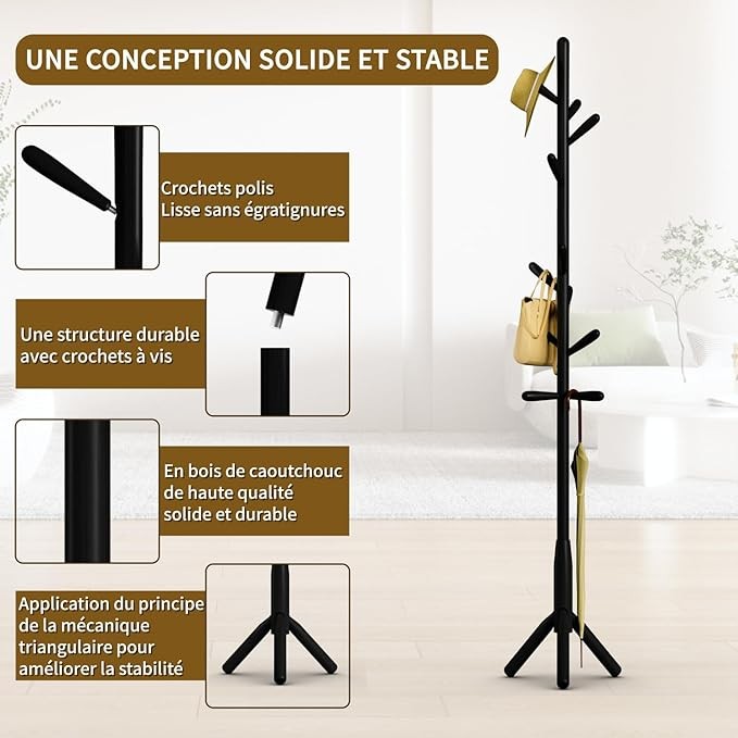 Solid Wood Coat Rack 11 Hooks Freestanding Tree Stand for Hallway Black