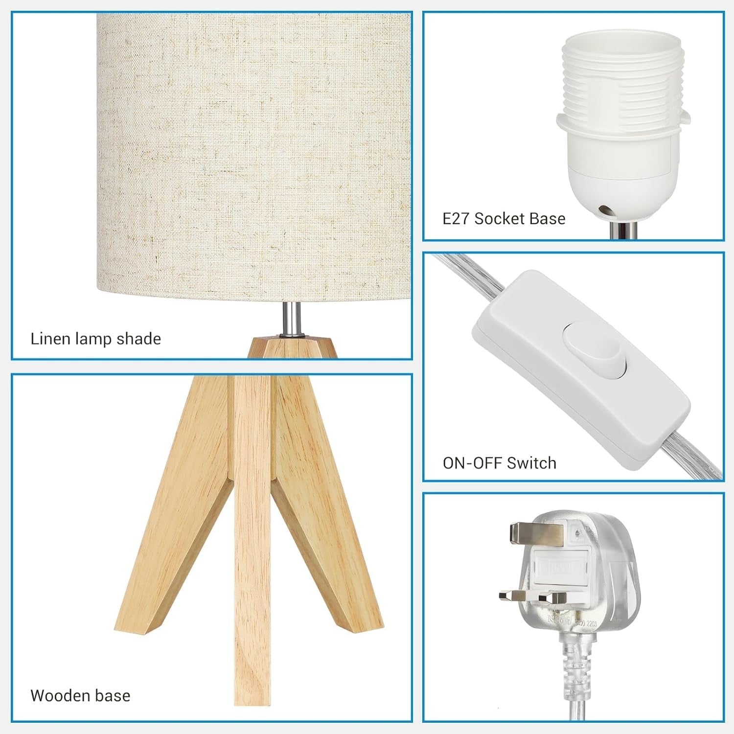 Wood Bedside Table Lamp Tripod Desk Light Linen Shade E27 Bedroom