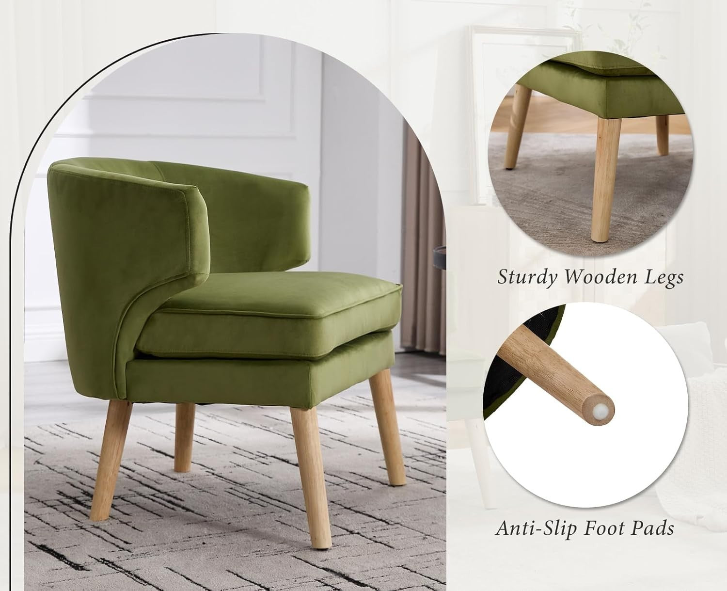Green Velvet Tub Chair Wooden Legs Lounge Armchair for Bedroom Living Room