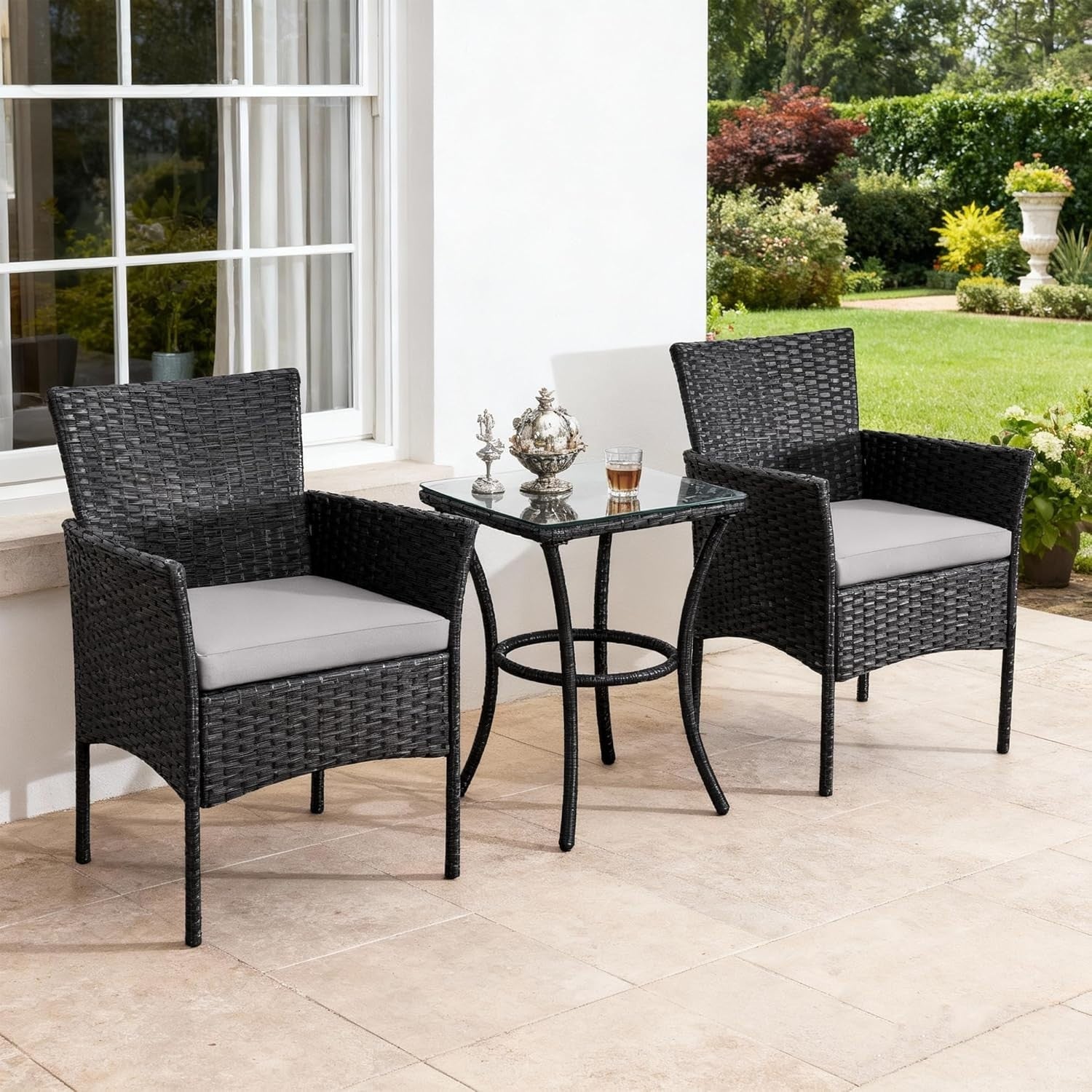 3pc Rattan Bistro Set Balcony Garden Chairs Glass Table Patio Outdoor Seating
