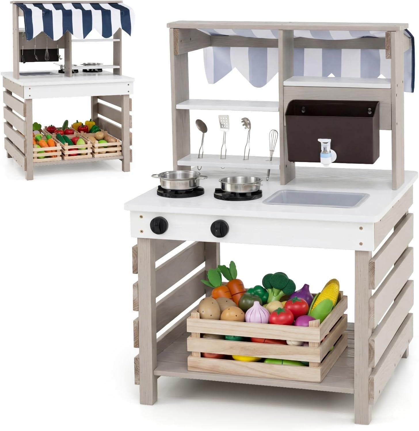 Outdoor Wooden Mud Kitchen Kids Play Cooker Grocery Stand Grey White