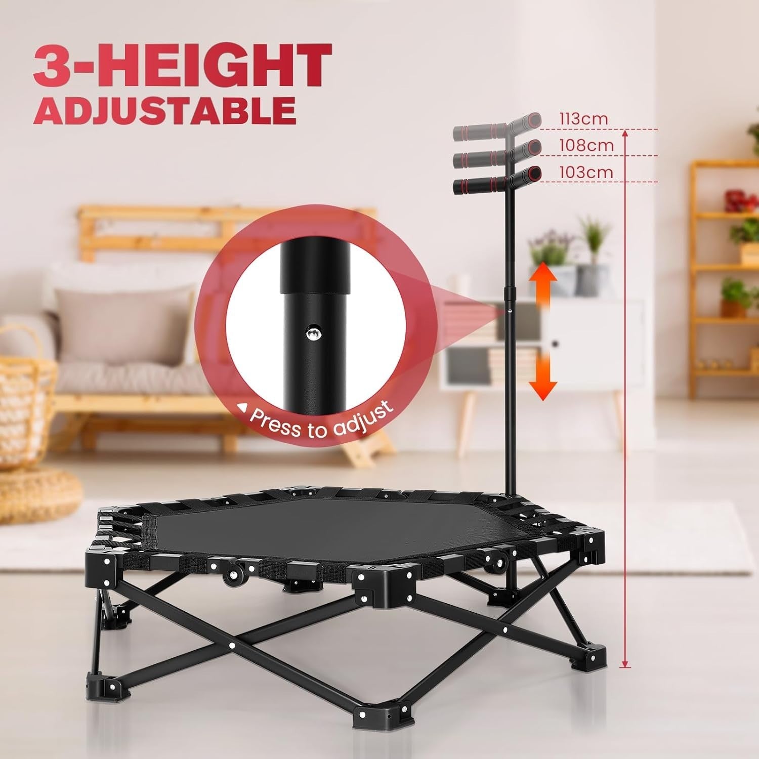 Foldable Mini Trampoline Adjustable Handle Quiet Kids Adults 150KG