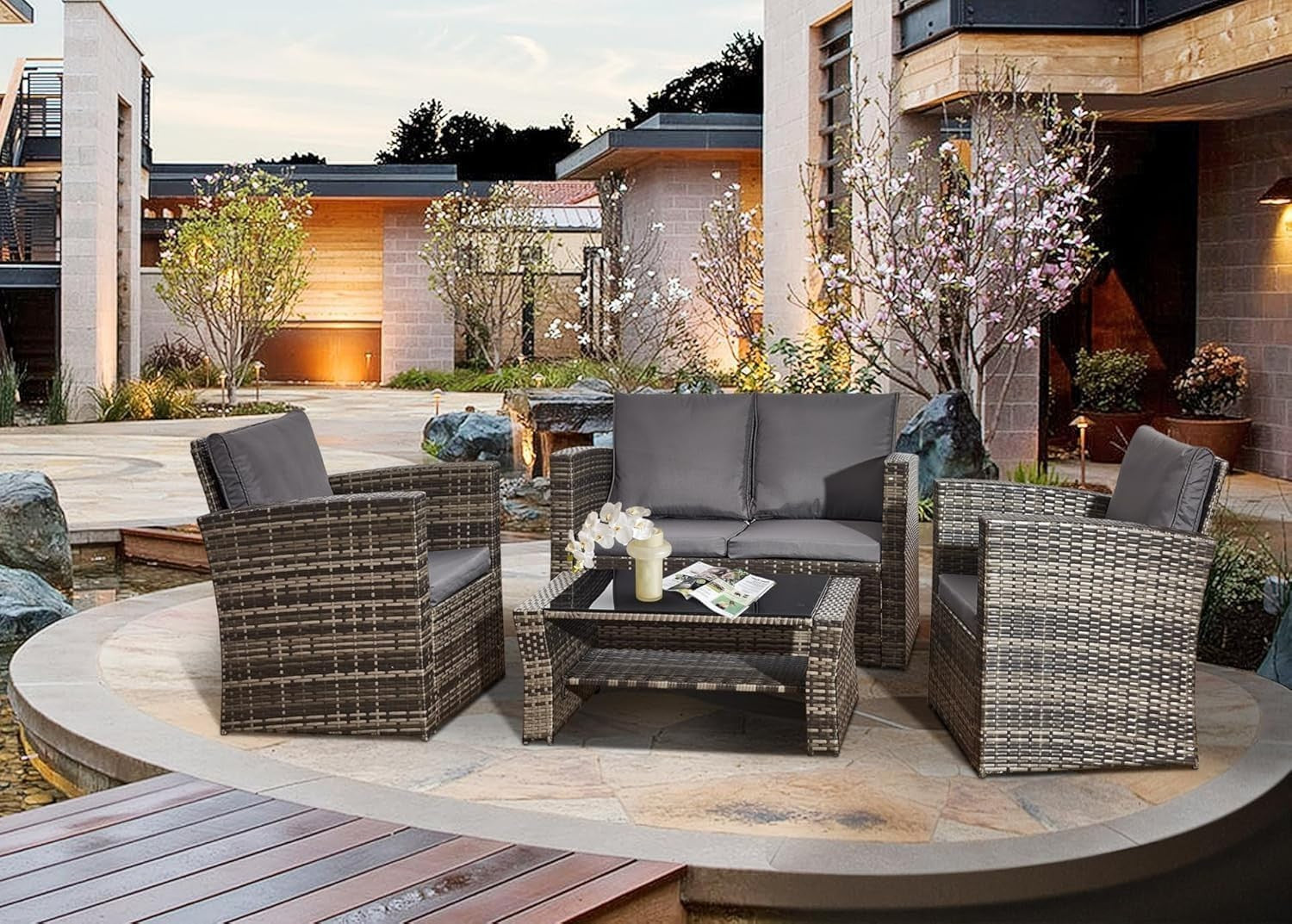 4-Piece Rattan Garden Sofa Set Outdoor Patio Corner Cushions & Glass Table