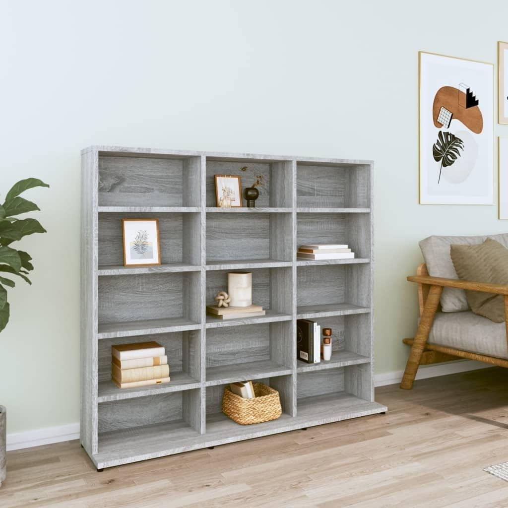 CD Storage Cabinet 15 Compartment Media Shelf Bookcase Grey Sonoma