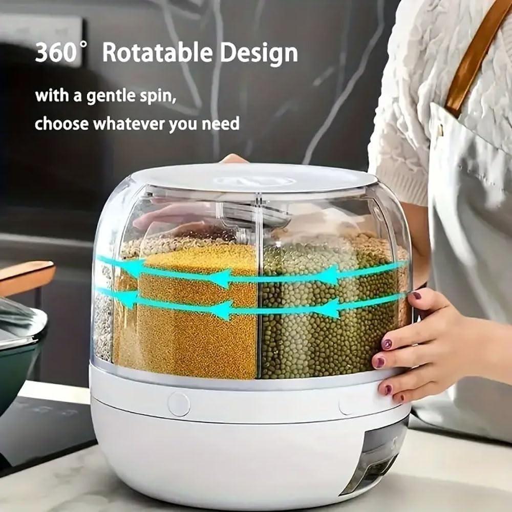 6 Compartment Rotating Grain Storage Container 360° Dispenser