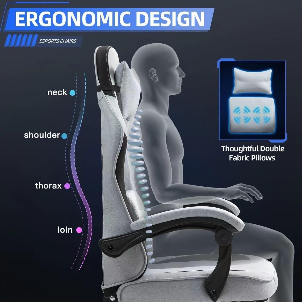 Fabric Gaming Chair Massage Recliner Footrest Ergonomic Adjustable Grey