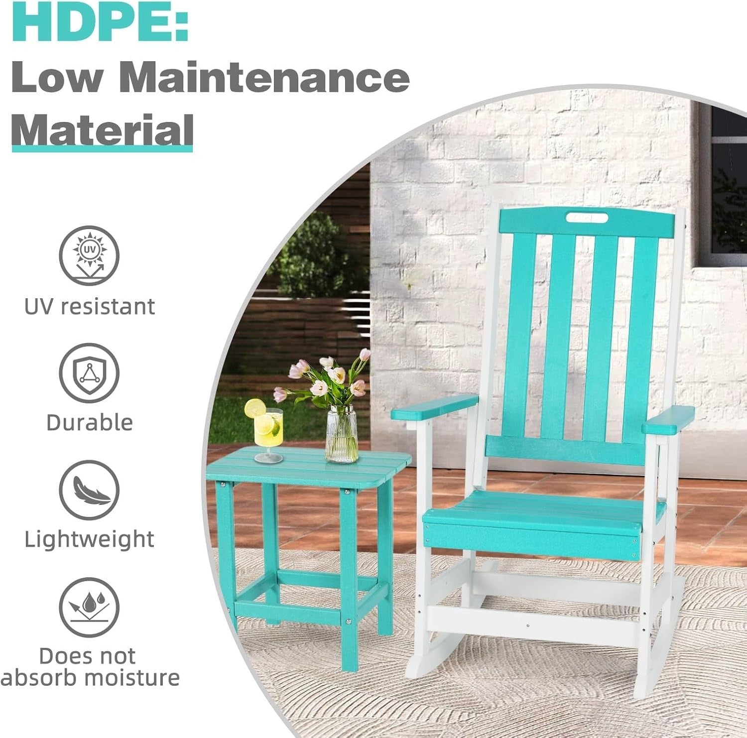 Weatherproof Outdoor Rocking Chair Ergonomic HDPE Patio Porch 87x70x122cm