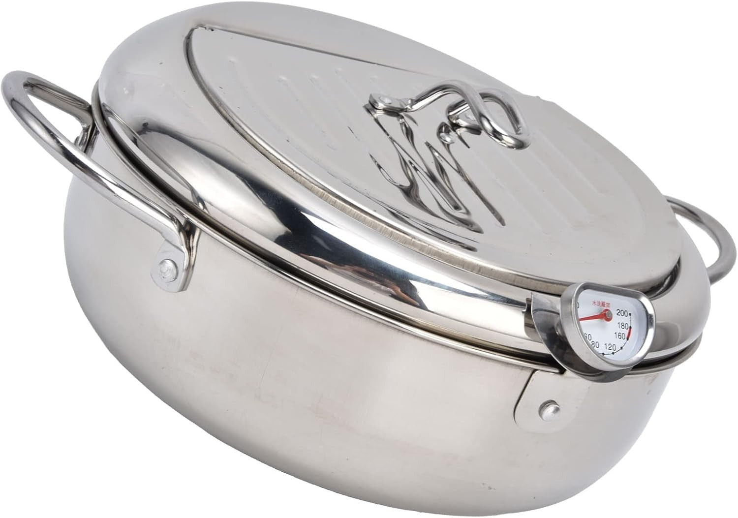 Stainless Steel Tempura Fryer Pot w Thermometer Lid Oil Drip Rack