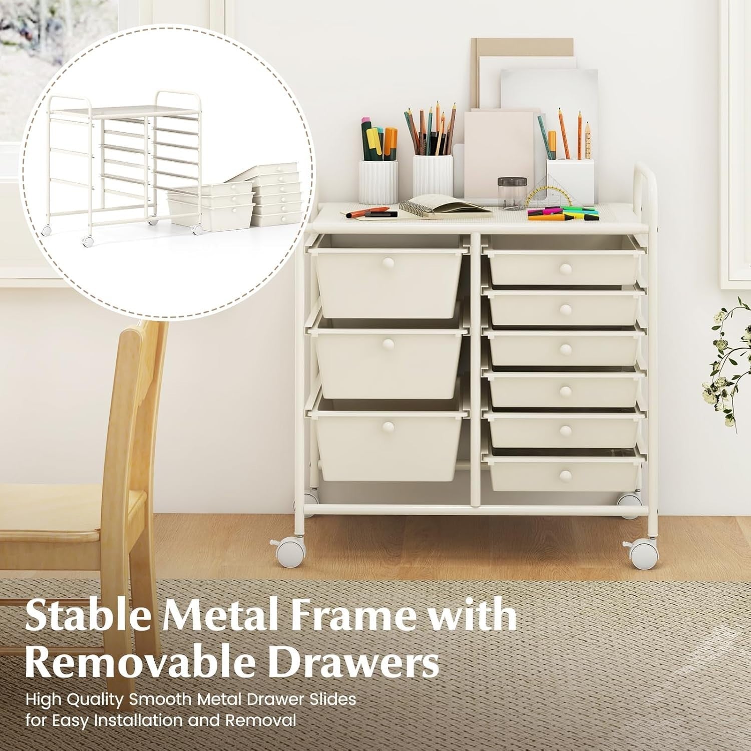 9 Drawer Rolling Storage Cart White Utility Organizer Trolley Wheels