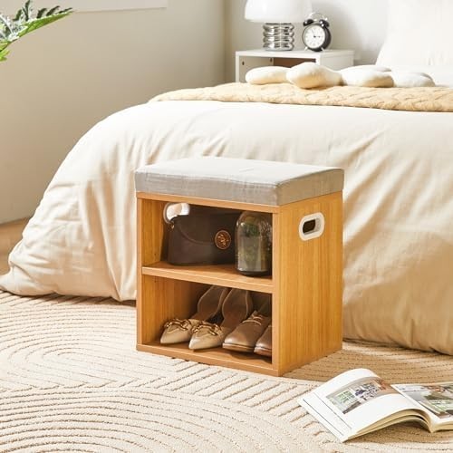 Natural 2 Tier Shoe Bench with Cushion Adjustable Storage Rack for Entryway