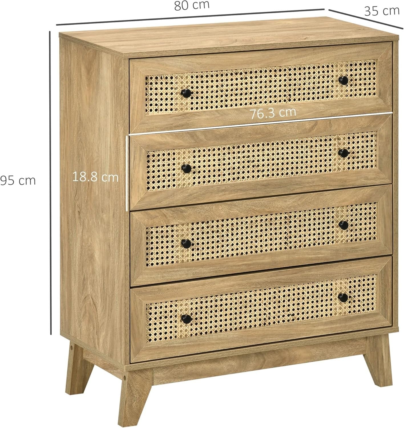 Rustic 4-Drawer Storage Chest with Rattan Panels Bedroom Organizer Unit