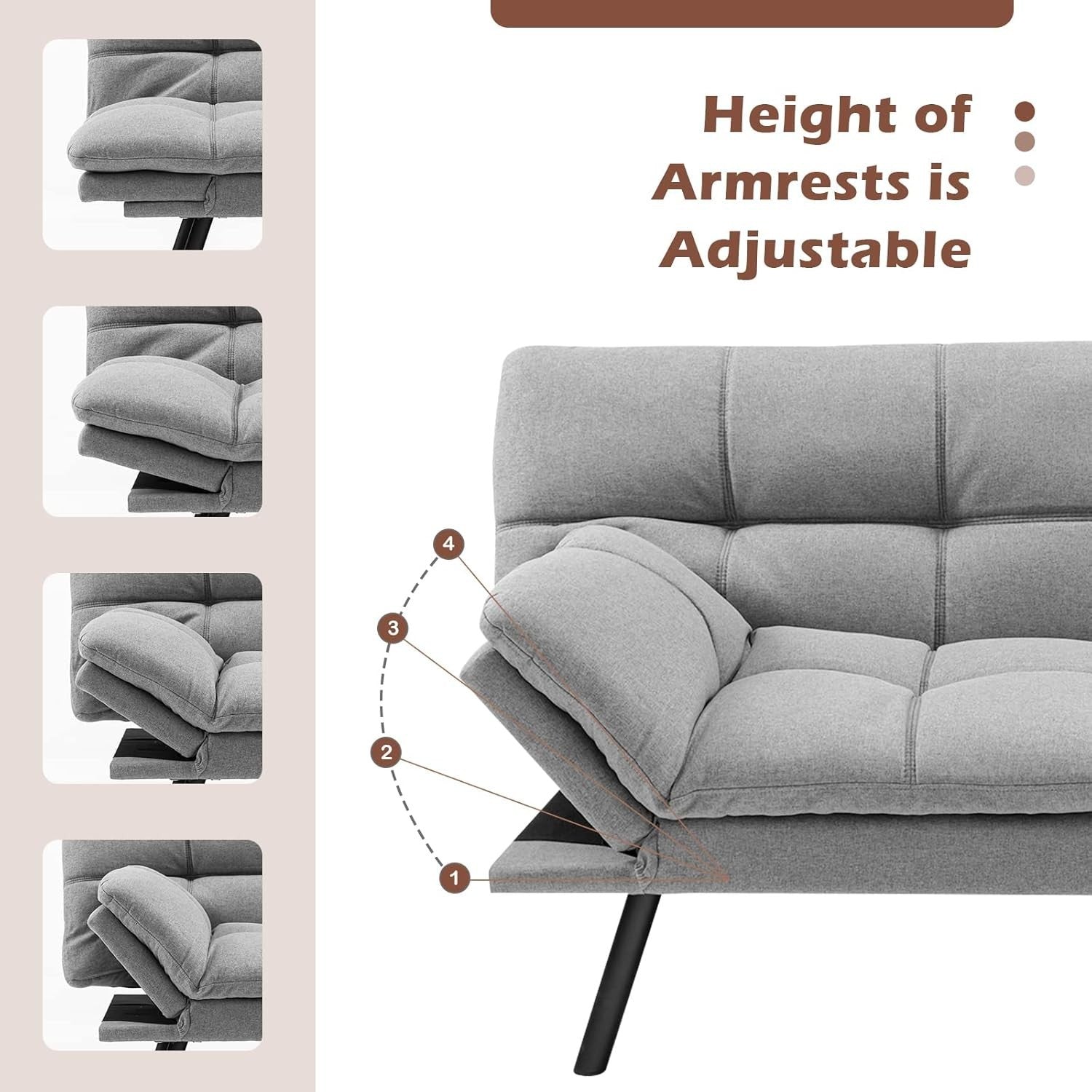 Grey Linen 2/3 Seater Sofa Bed Click Clack Recliner Adjustable Armrests