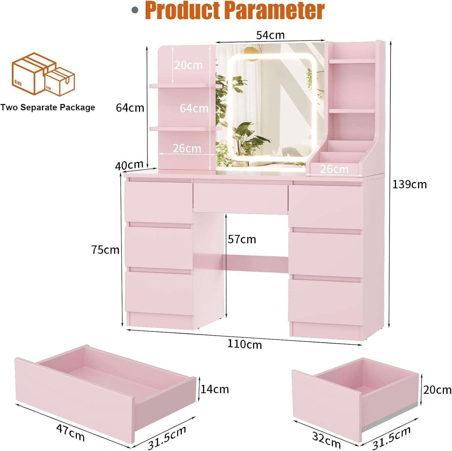 Foldable Small Vanity Desk w/Lighted Mirror Stool 2 Drawers Compact Makeup Table