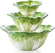 Green Ceramic Bok Choy Bowl Set 60oz 3-Piece Hand-Painted Kitchen
